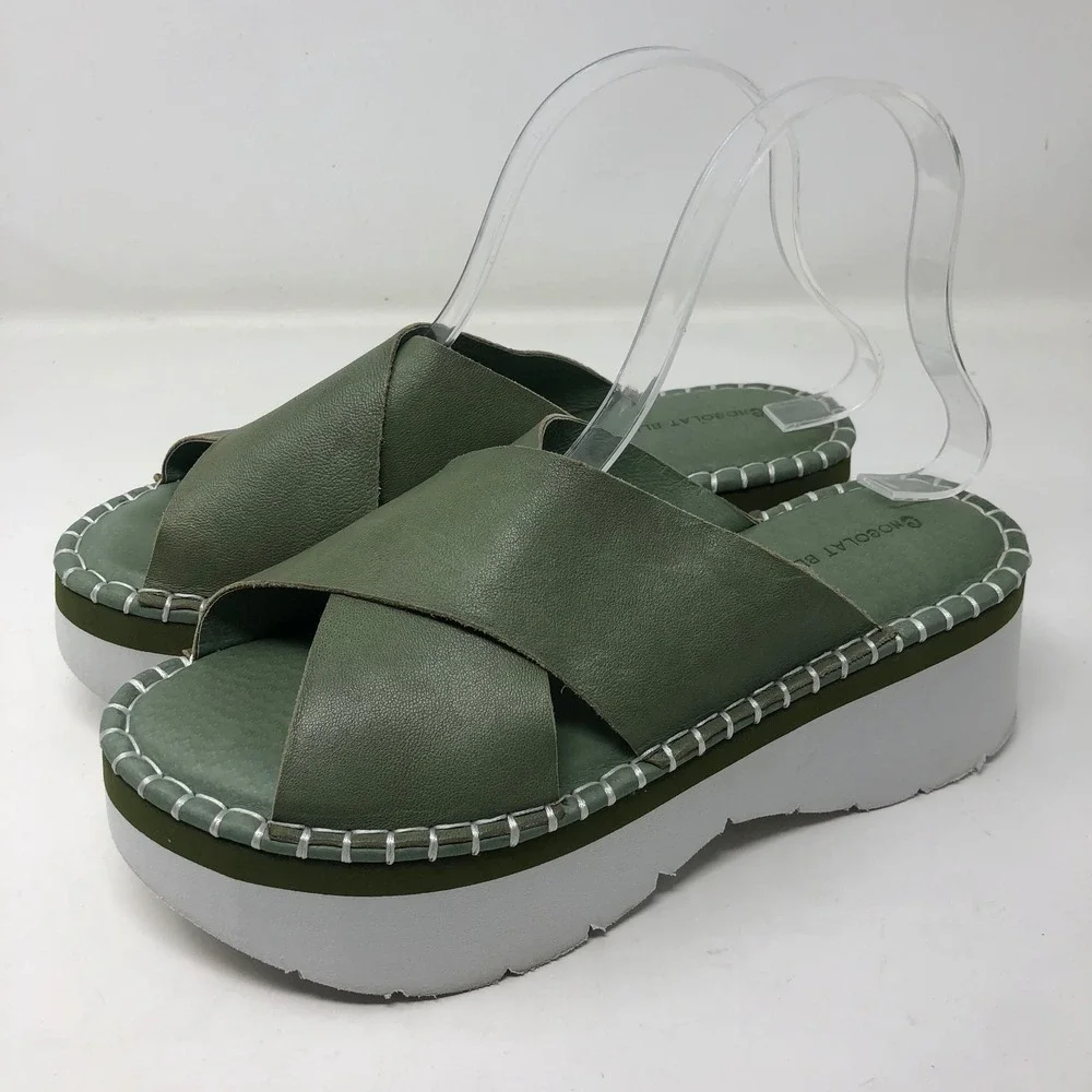 Chocolat Blu Magic Platform Sandal Women 40 US 9‎ Green Leather Whipstitch Slide